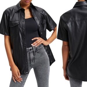 Good American Resort Faux Leather Short Sleeve Button-Up Shirt